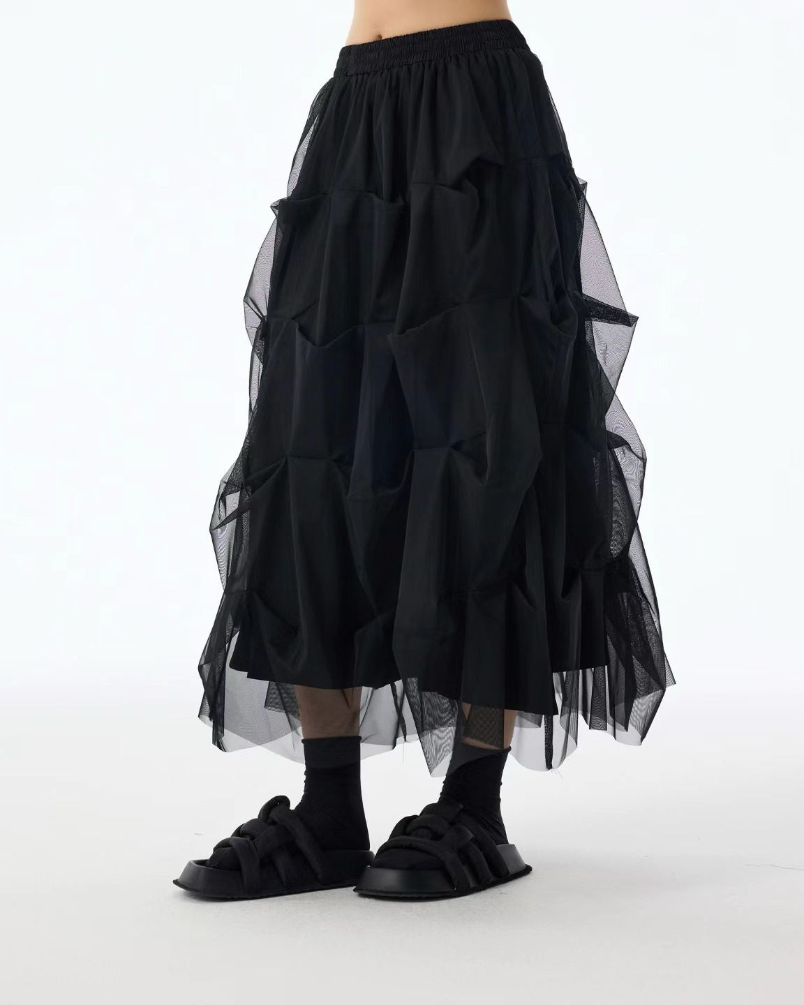 Luxe Mesh Tulle Midi Skirt with 3D Pleats
