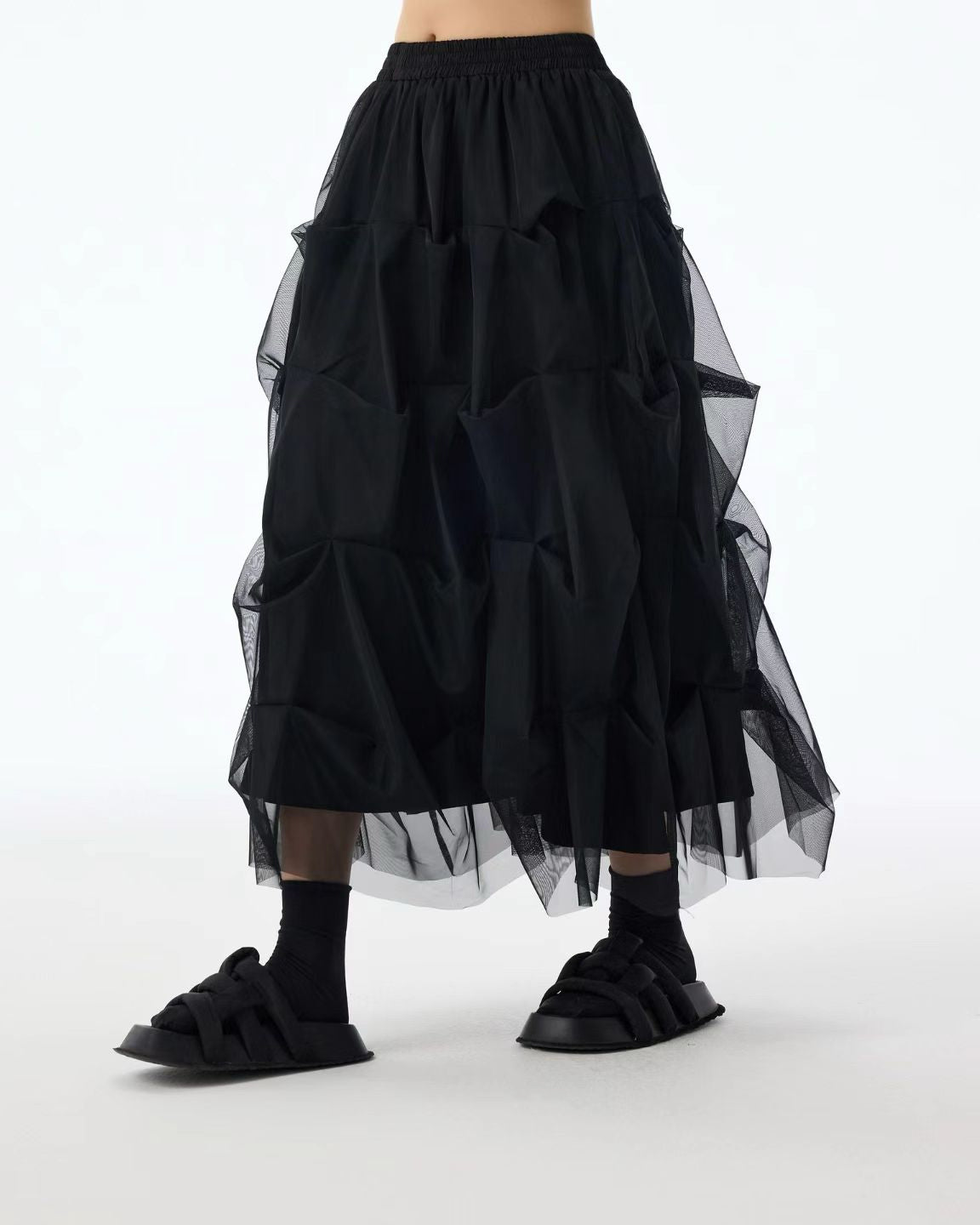 Luxe Mesh Tulle Midi Skirt with 3D Pleats