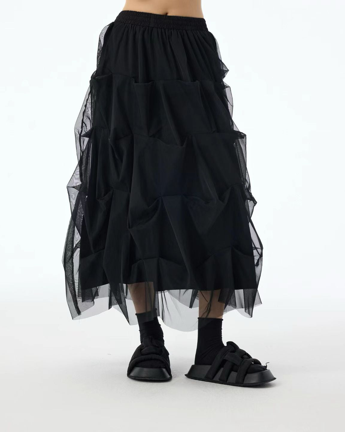 Luxe Mesh Tulle Midi Skirt with 3D Pleats