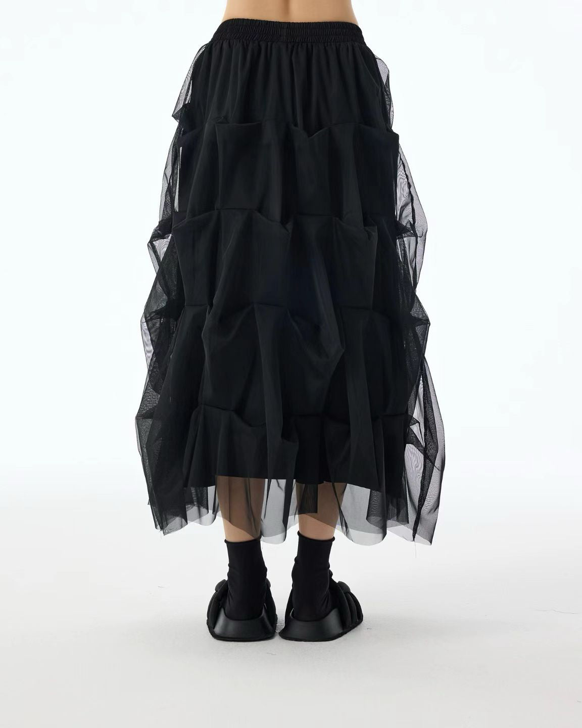 Luxe Mesh Tulle Midi Skirt with 3D Pleats
