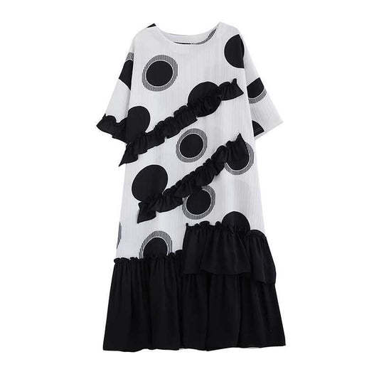 Dot Print Texture Fabrics Ruffle Decoration Loose Fit Dress