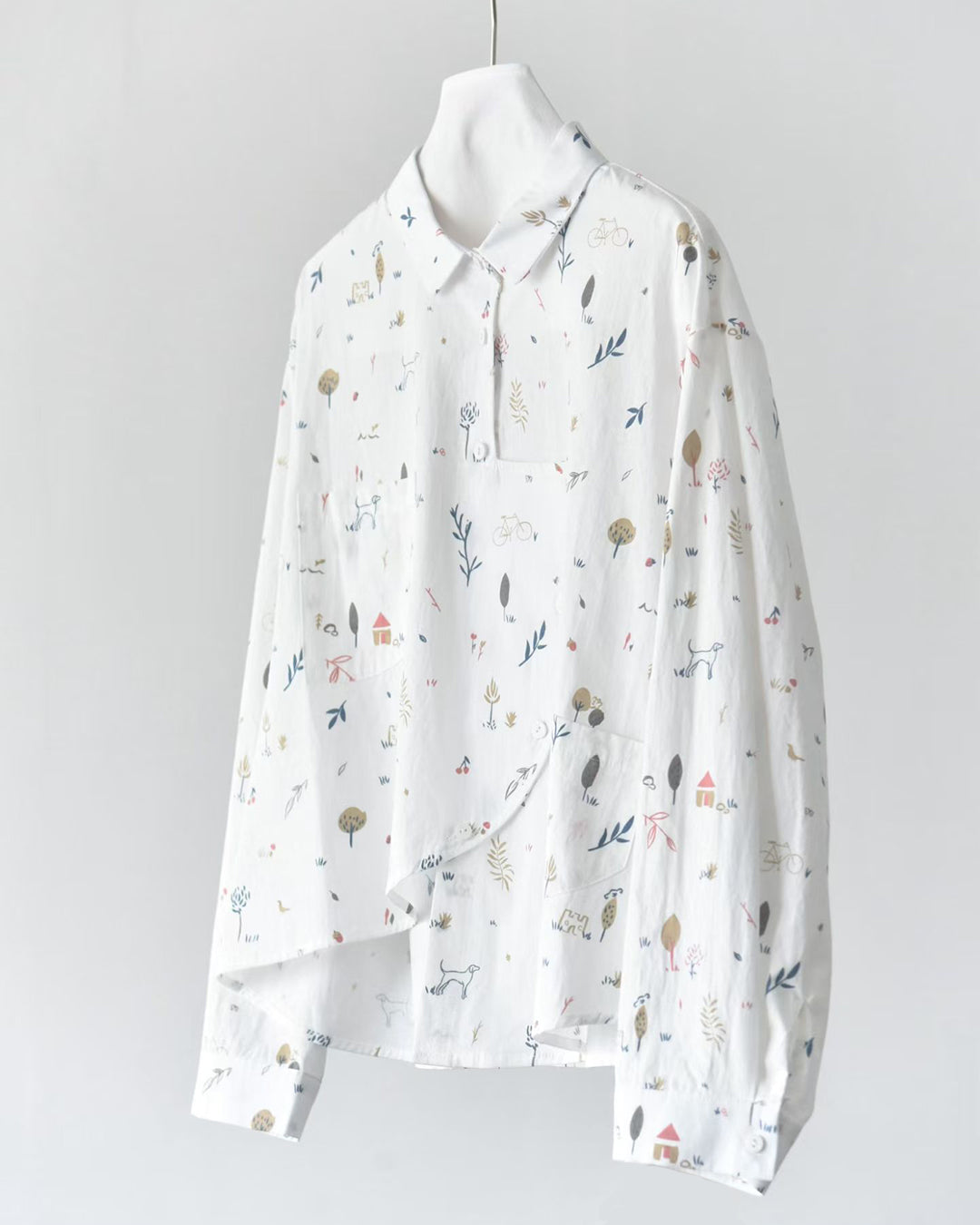 Dog Print Irregular Placket Long-Sleeve Shirt