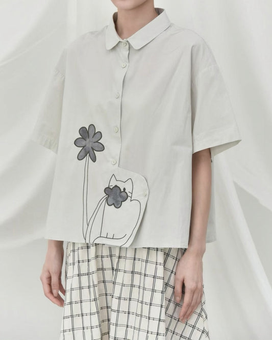 Pre-order Cat & Floral Shirt with Sculptural Placket