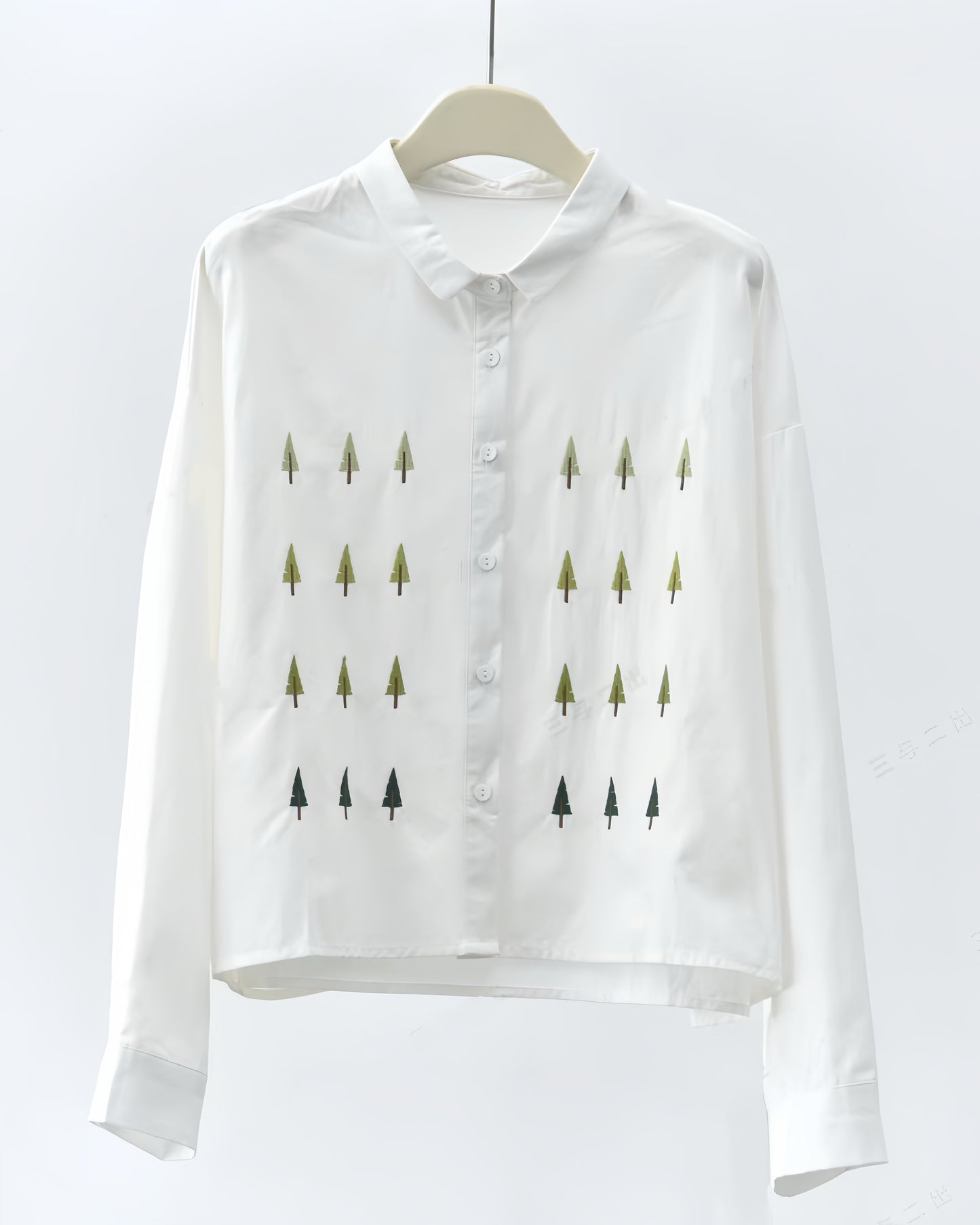 Long-sleeve Cotton Shirt with 3D Tree Graphic Embroidery
