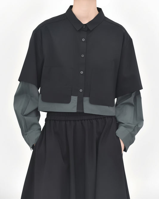 Faux Two-Piece Textured Cropped Cotton Shirt – Double Pocket Design