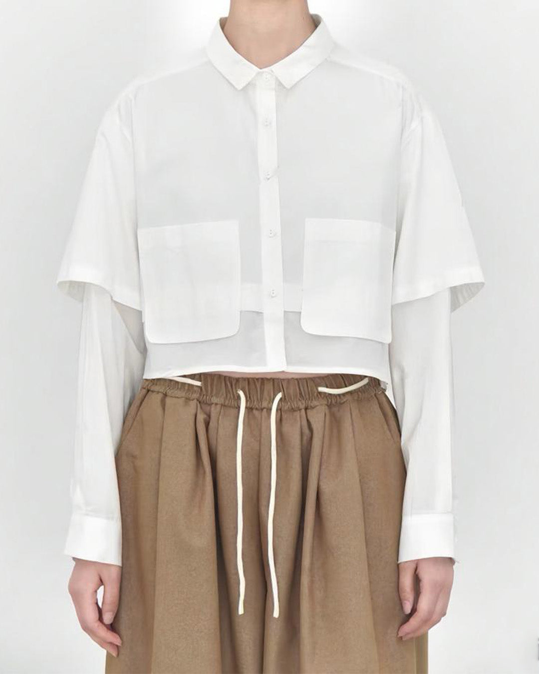Faux Two-Piece Textured Cropped Cotton Shirt – Double Pocket Design