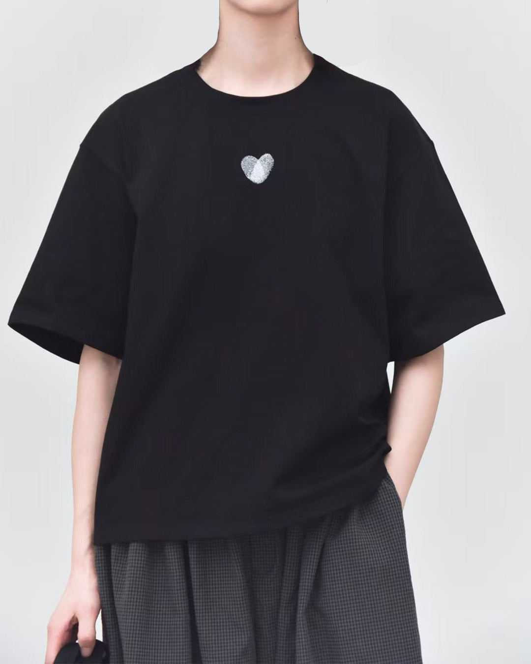 Fingerprint Heart Print Cotton Crew Neck T-Shirt