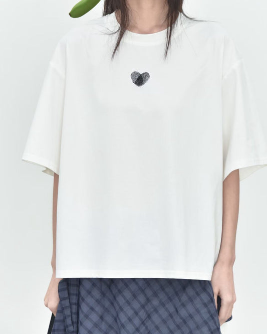 Fingerprint Heart Print Cotton Crew Neck T-Shirt