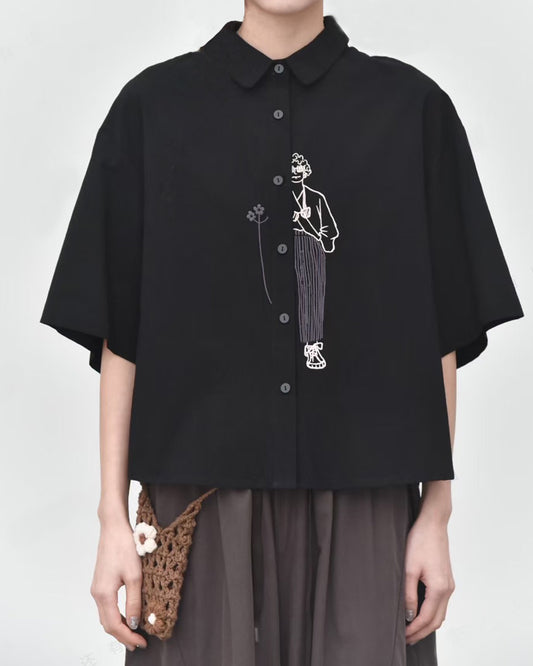 Graffiti Line Sunglasses Character Short-Sleeve Shirt Available in Black and White