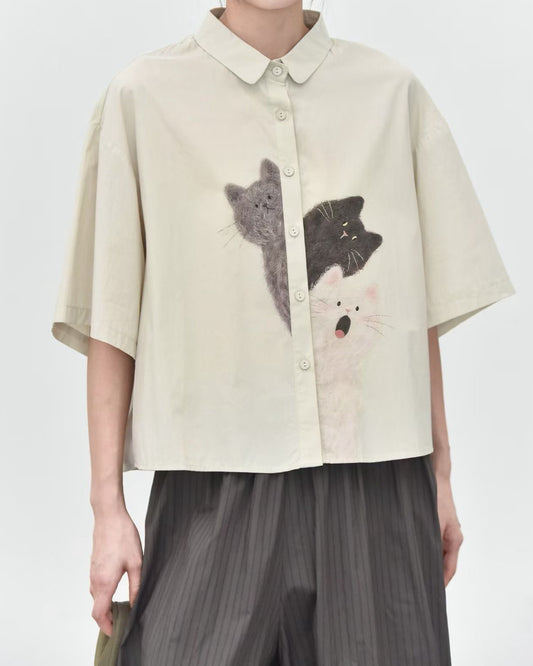 Pre-order Hide-and-Seek Cat Print Short-Sleeve Shirt