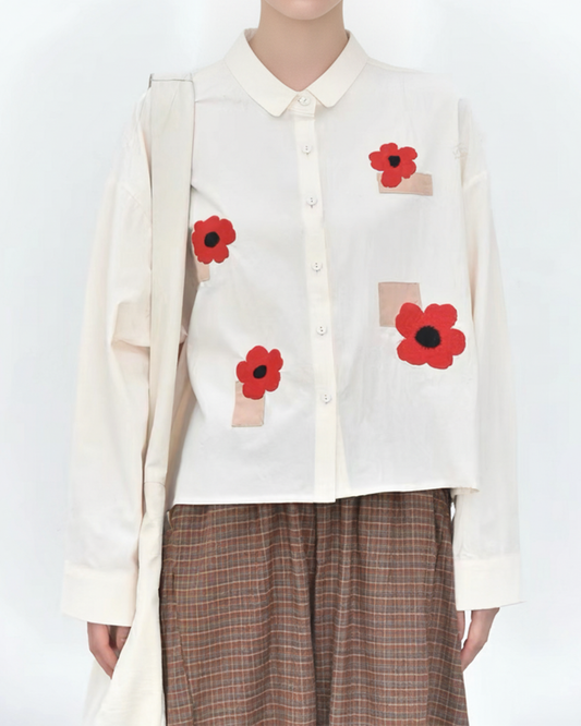 Spring Bloom Pink Shirt with Red Floral Embroidery