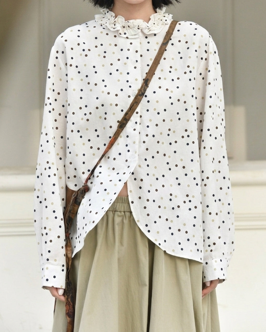 Two-Tone Polka Dot Shirt with Ruffled Collar