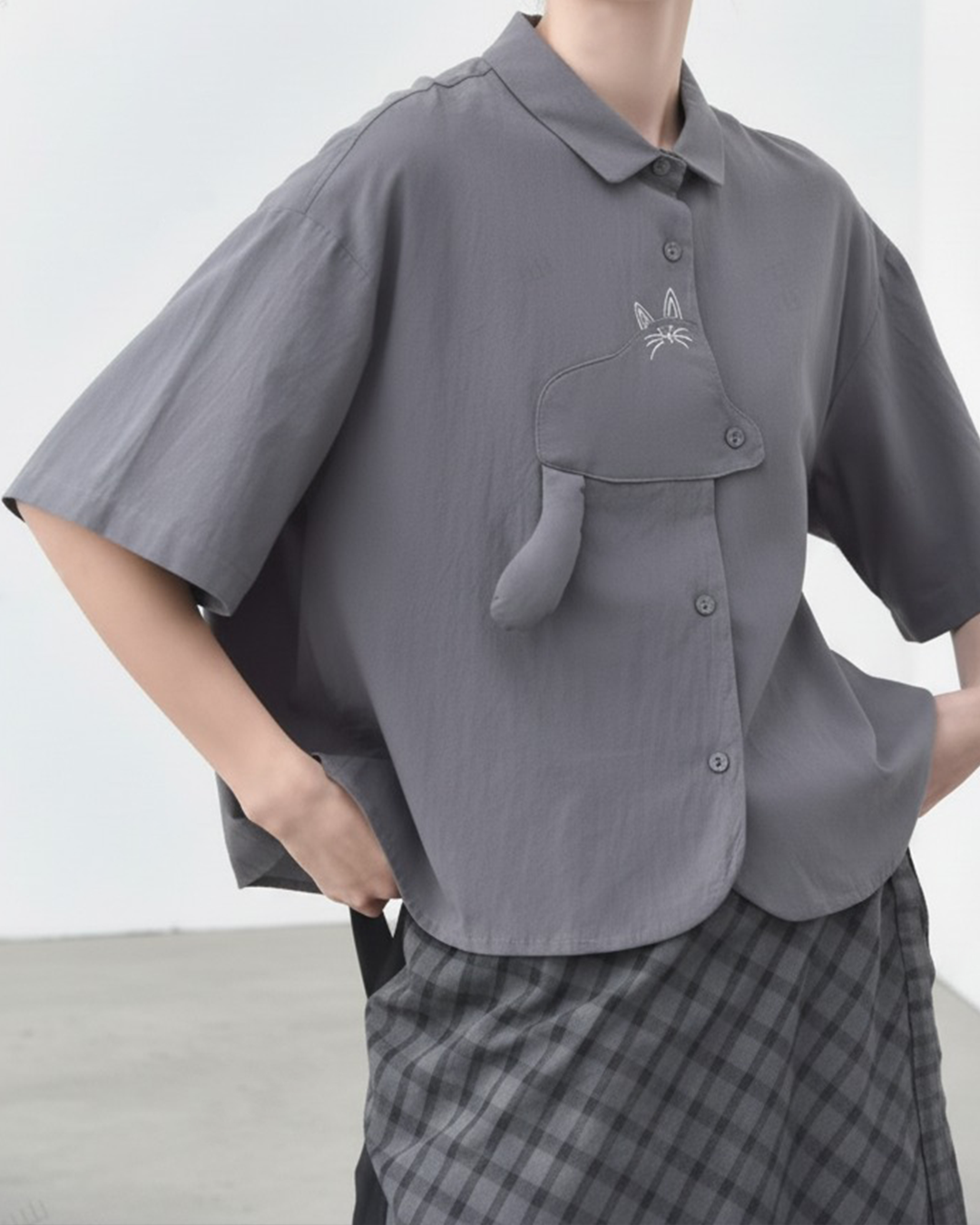 Cat Cloud Tail Short Sleeves Cotton Shirt