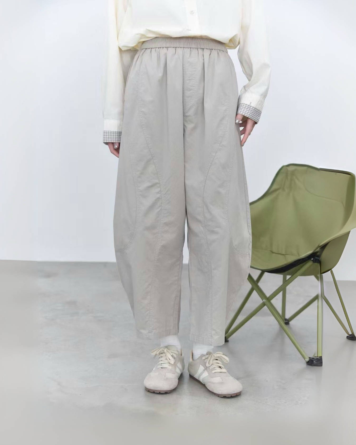 Washed Casual Pants with Double-Curved Paneling