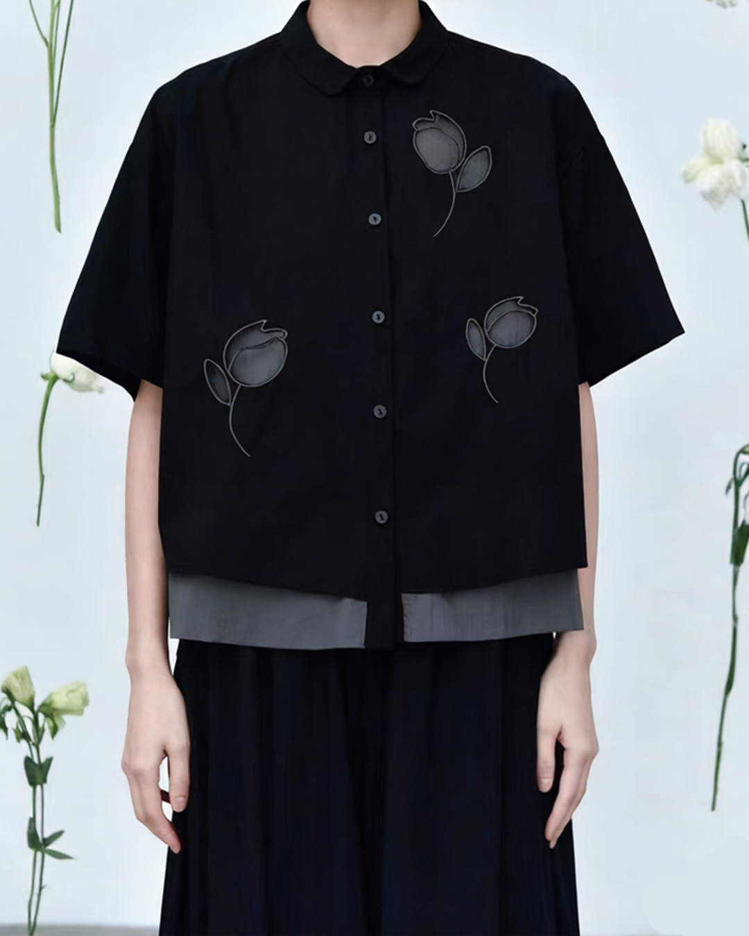 Double-Layer Cut-out Tulip Embroidered Short-Sleeve Shirt