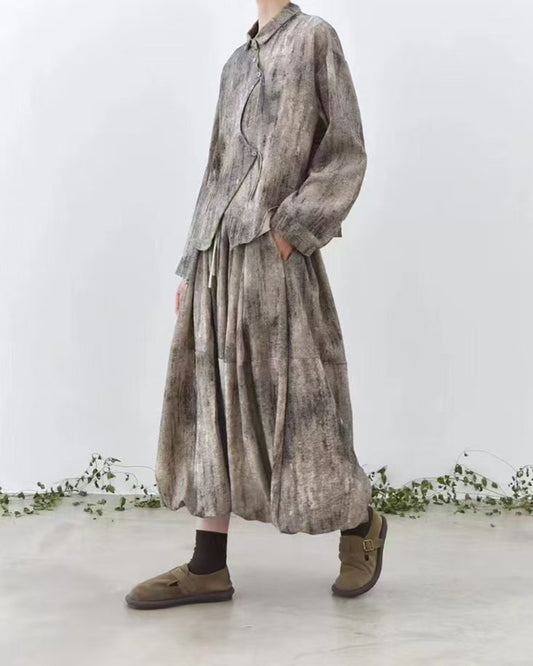 Asymmetrical Tie-Dye Placket Artistic Shirt in Draped Vintage Wash Fabric