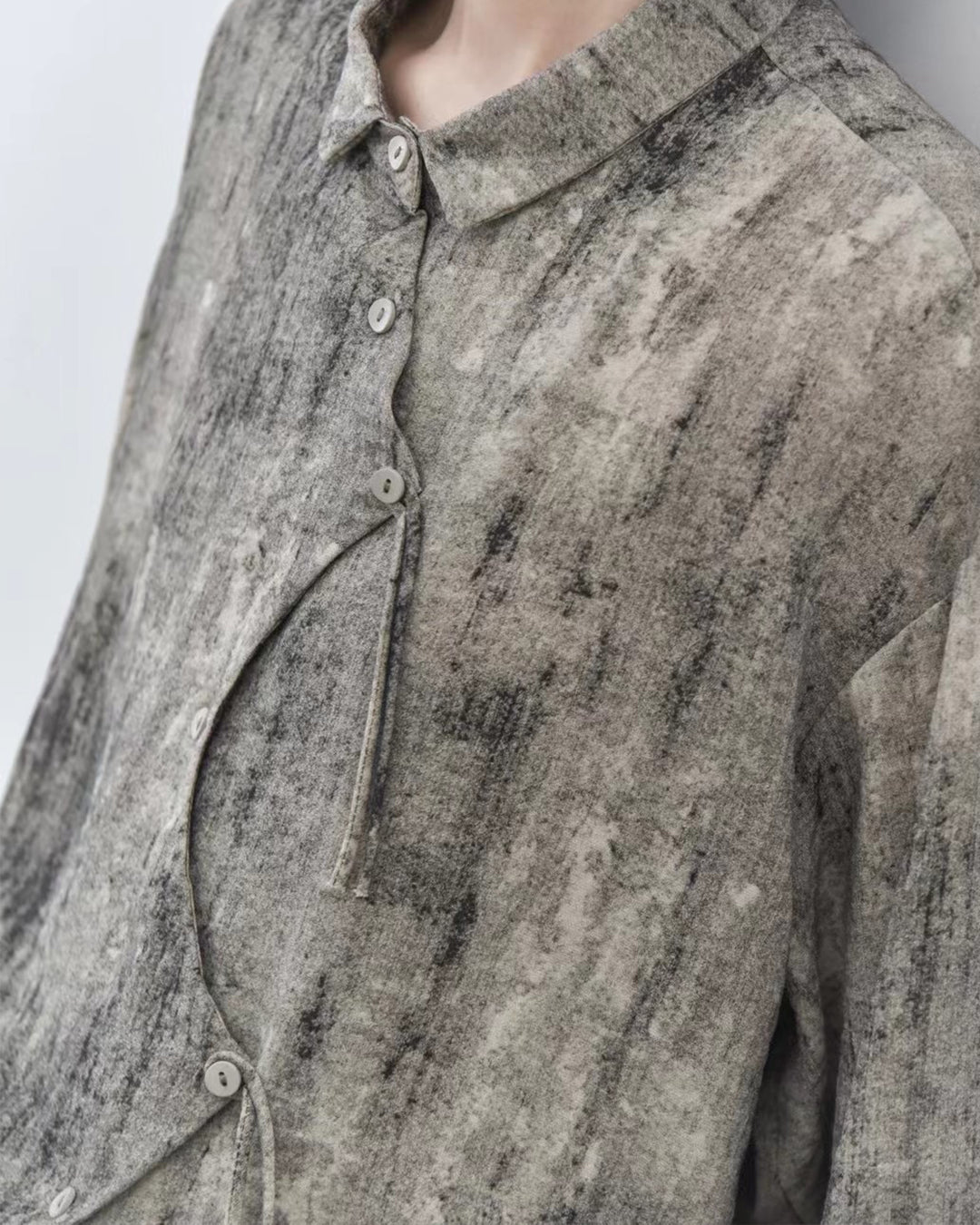 Asymmetrical Tie-Dye Placket Artistic Shirt in Draped Vintage Wash Fabric