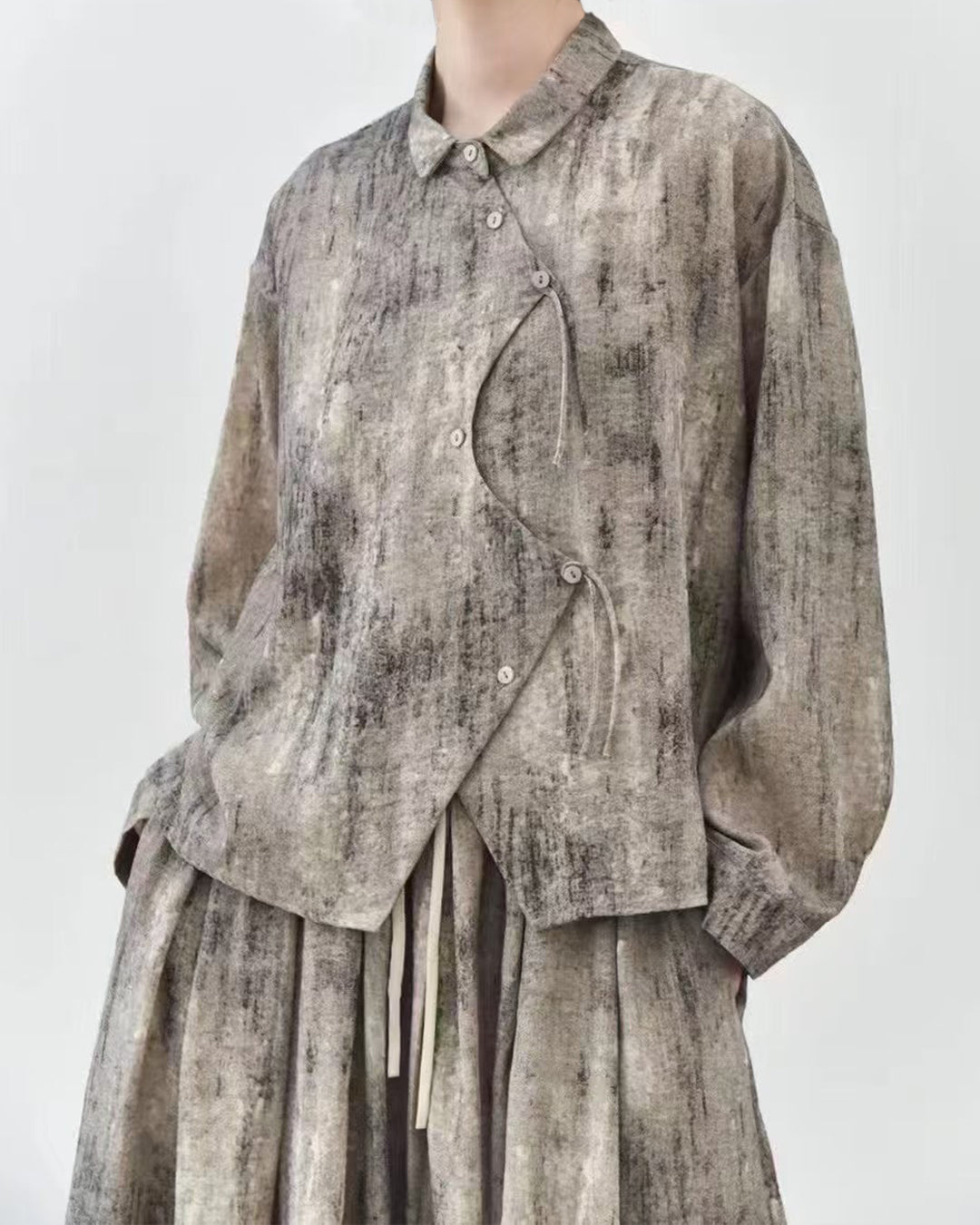 Asymmetrical Tie-Dye Placket Artistic Shirt in Draped Vintage Wash Fabric