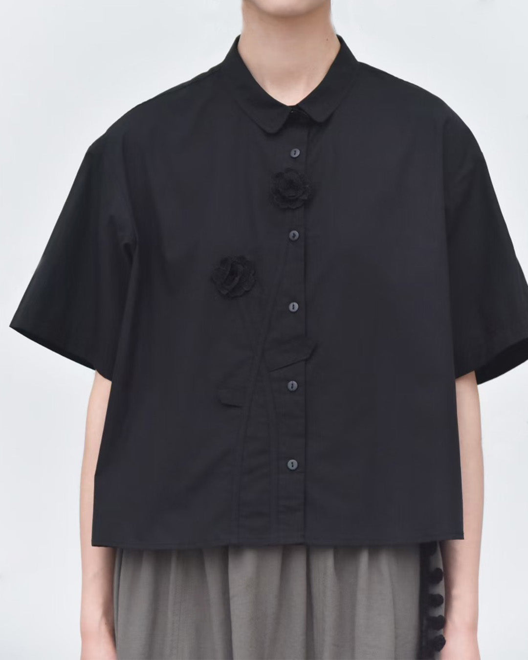 3D Small Flowers Deco Cotton Shirt Available in Black and White