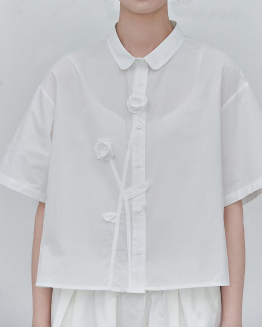 3D Small Flowers Deco Cotton Shirt Available in Black and White