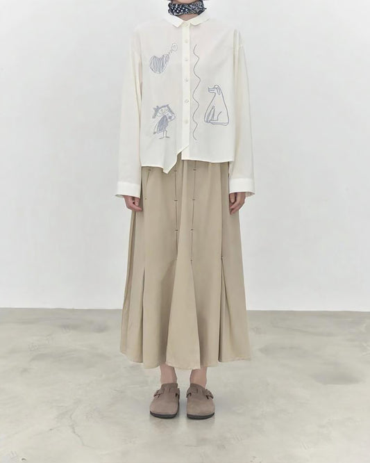 Cotton Shirt with Irregular Hem and Abstract Dog & Figure Embroidery