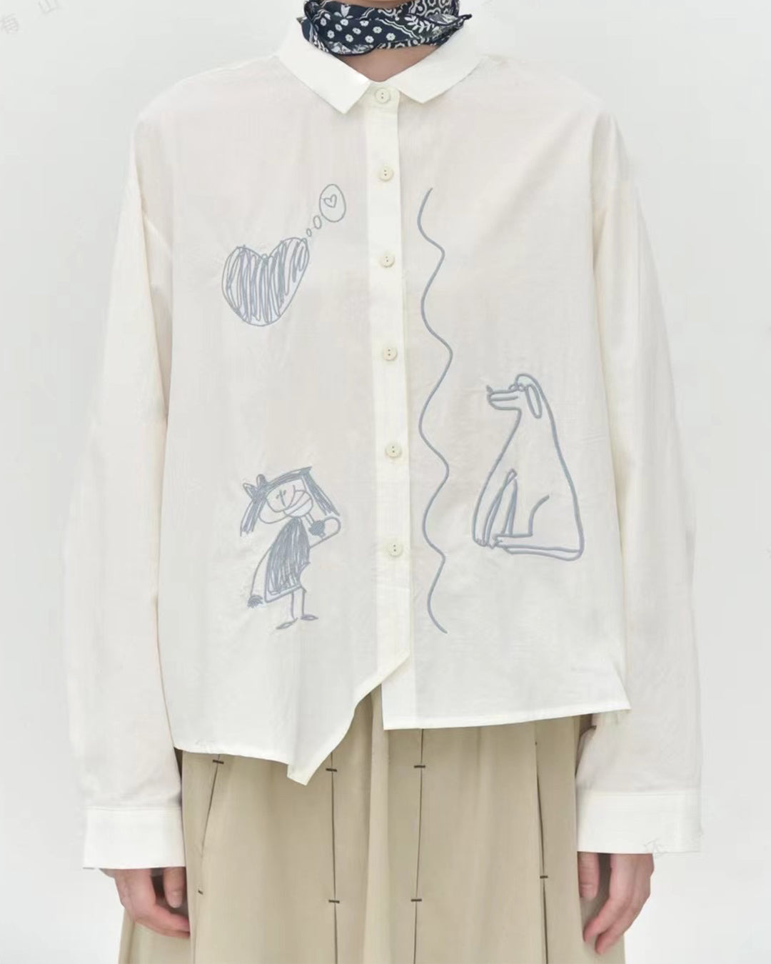 Cotton Shirt with Irregular Hem and Abstract Dog & Figure Embroidery