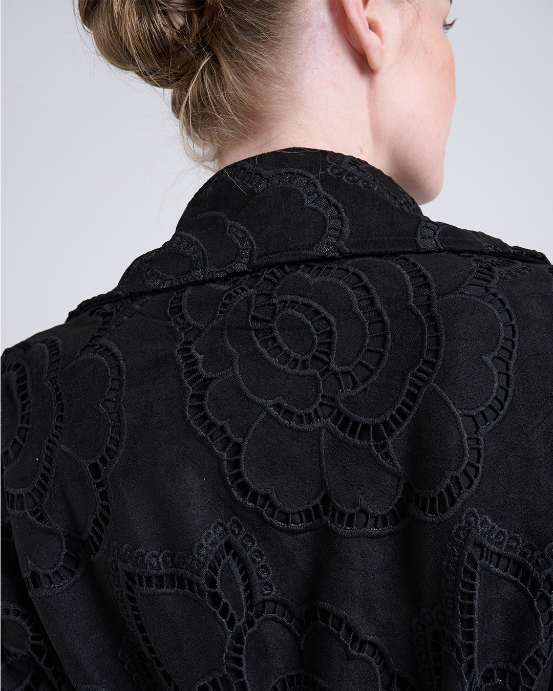 Long Suede Coat with Large Floral Cutwork Embroidery