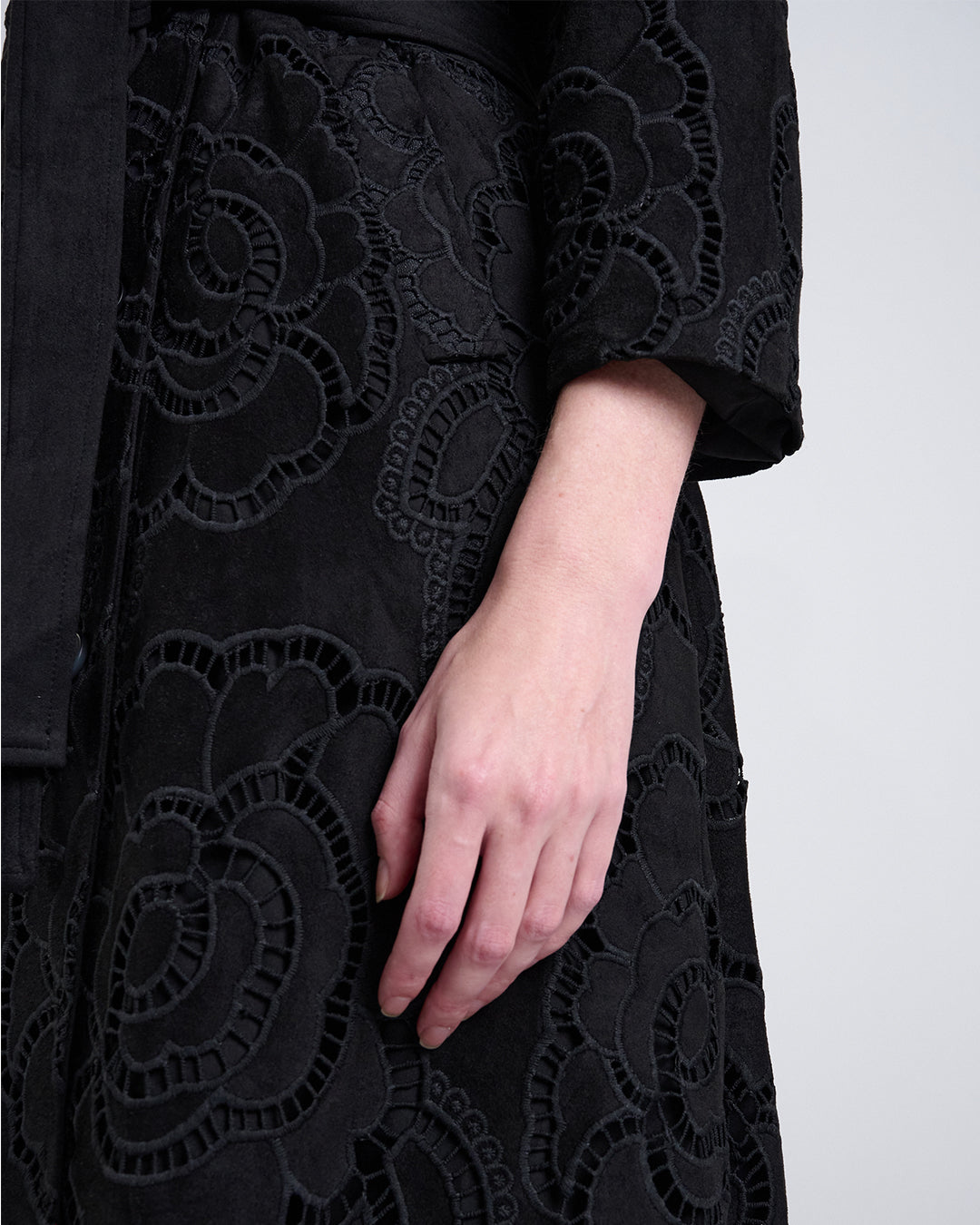 Long Suede Coat with Large Floral Cutwork Embroidery