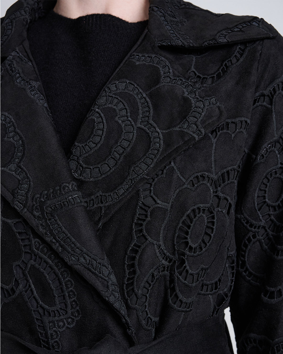 Long Suede Coat with Large Floral Cutwork Embroidery