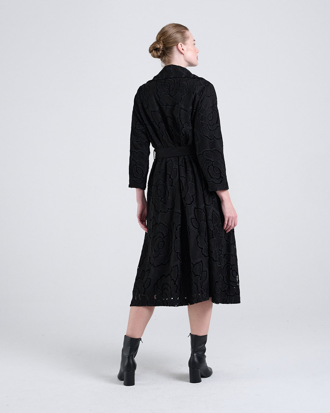 Long Suede Coat with Large Floral Cutwork Embroidery