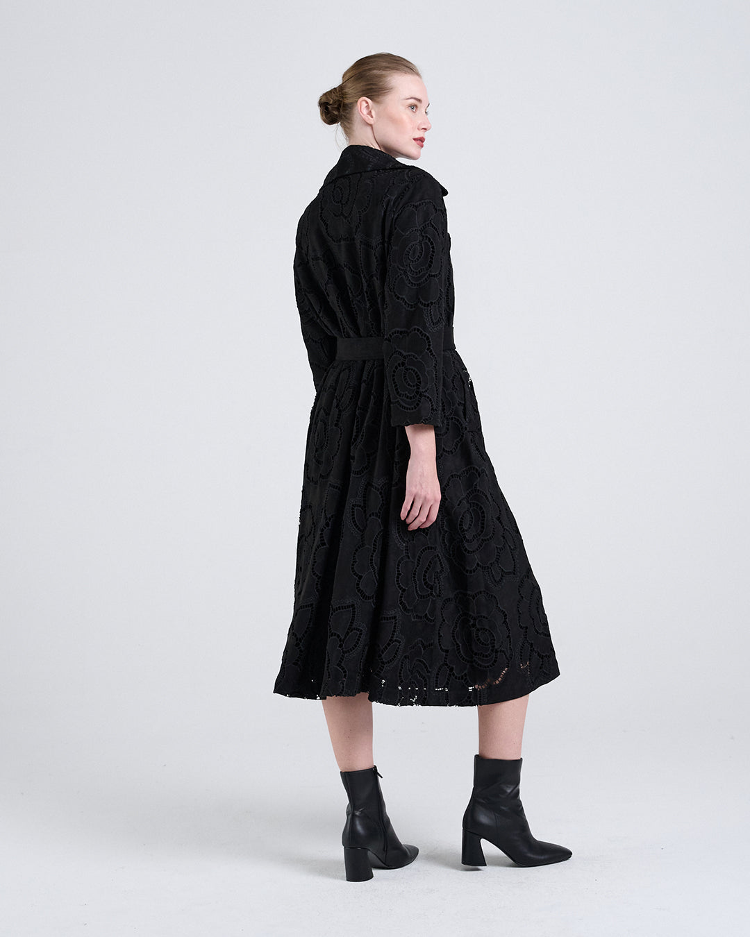 Long Suede Coat with Large Floral Cutwork Embroidery