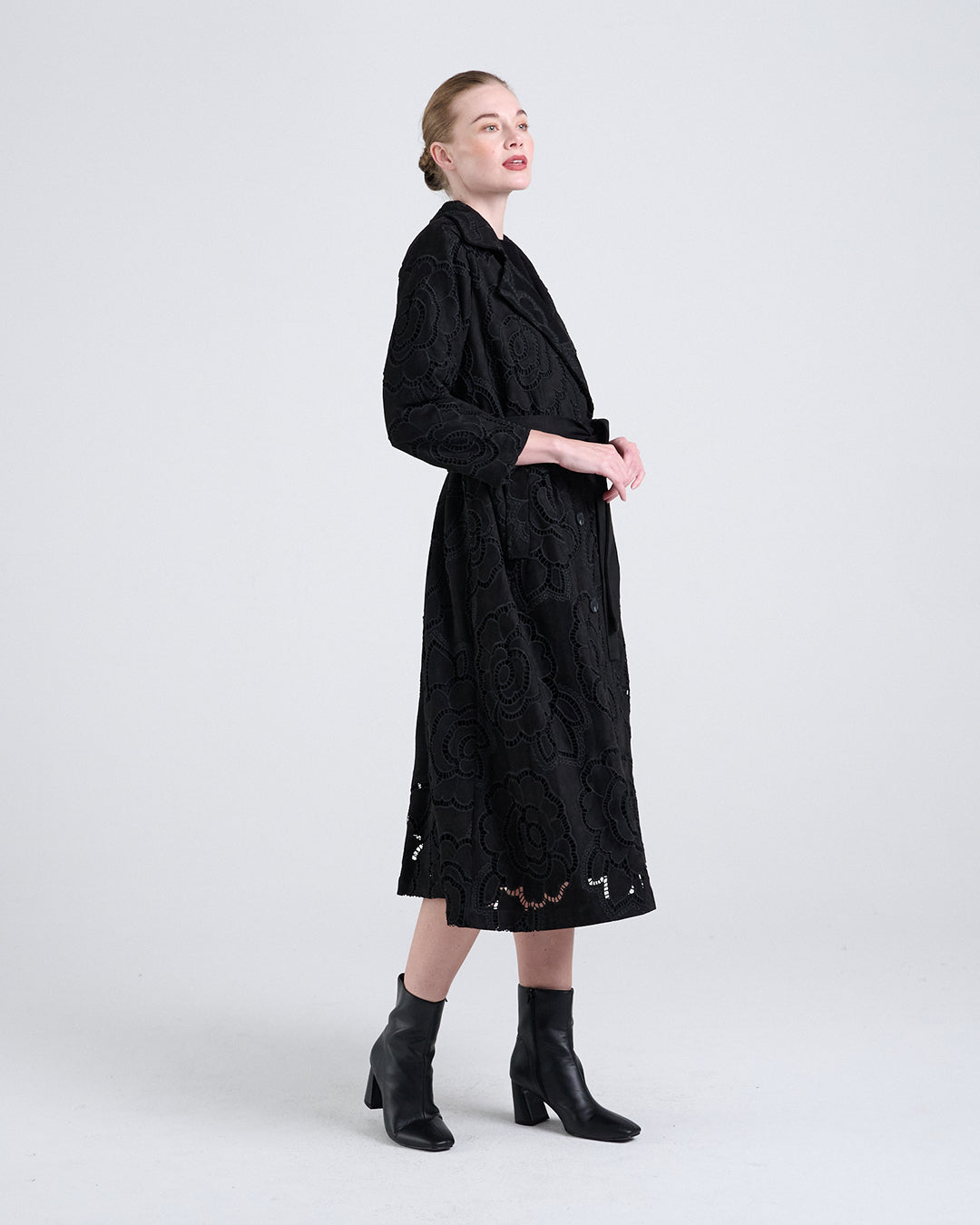 Long Suede Coat with Large Floral Cutwork Embroidery