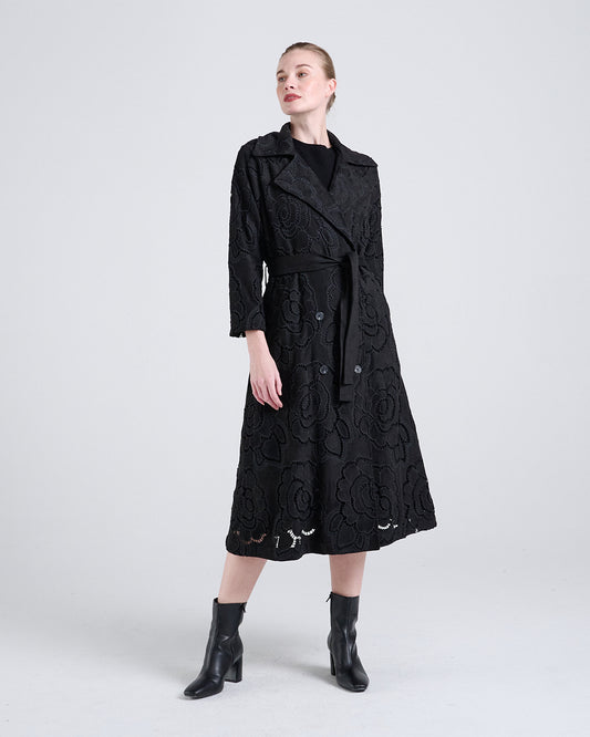 Long Suede Coat with Large Floral Cutwork Embroidery