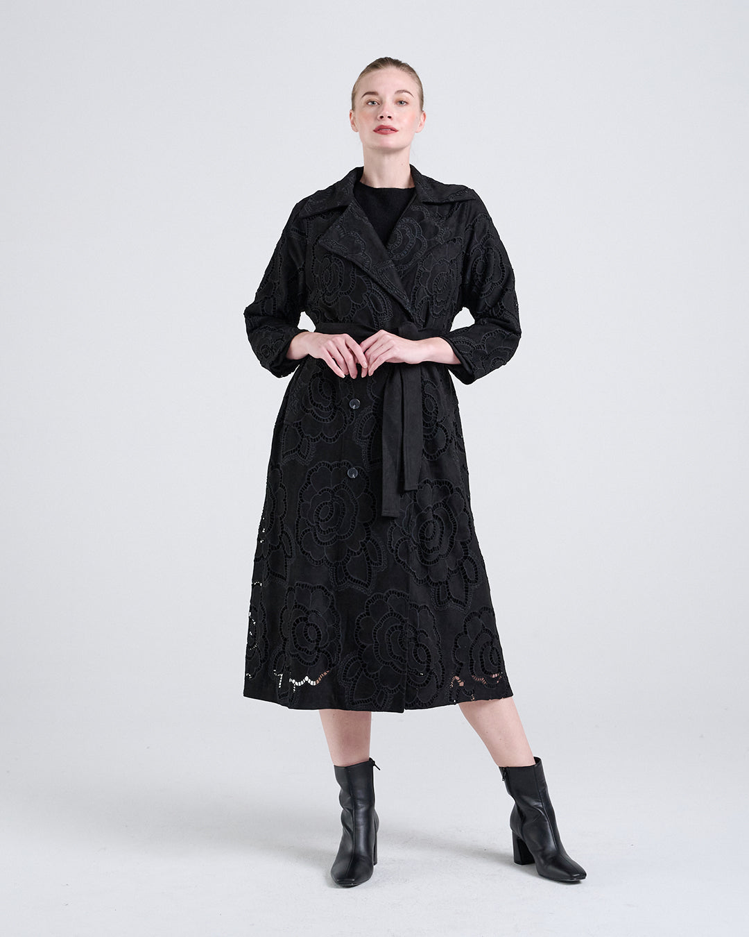 Long Suede Coat with Large Floral Cutwork Embroidery