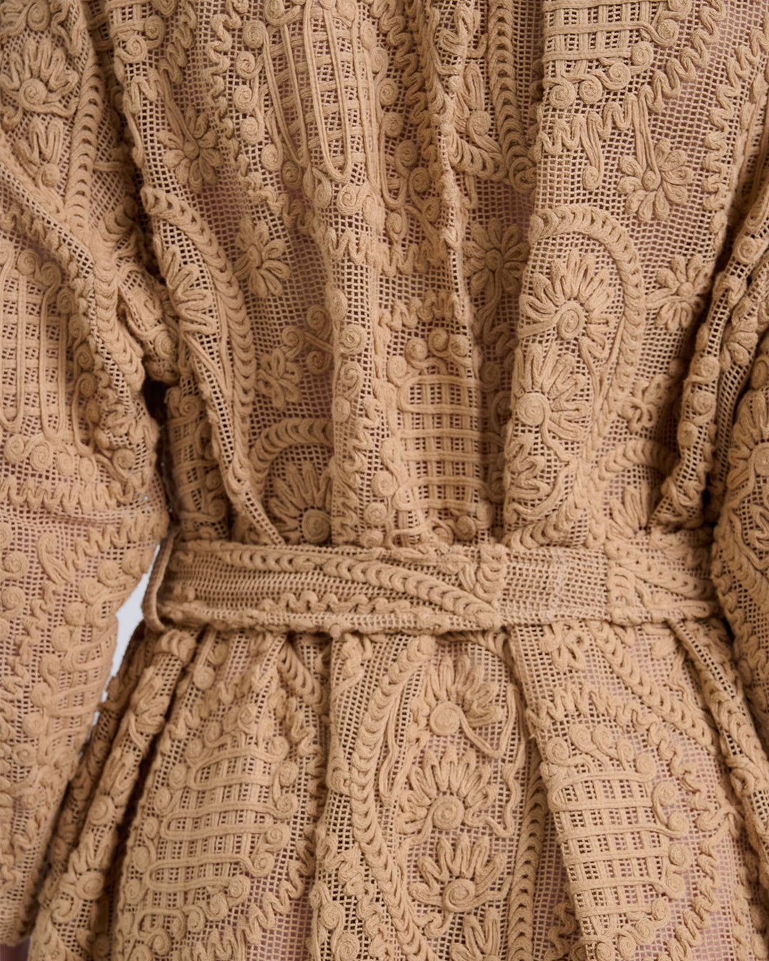 Elegant Baroque Lace Coat with Waist Belt in Khaki