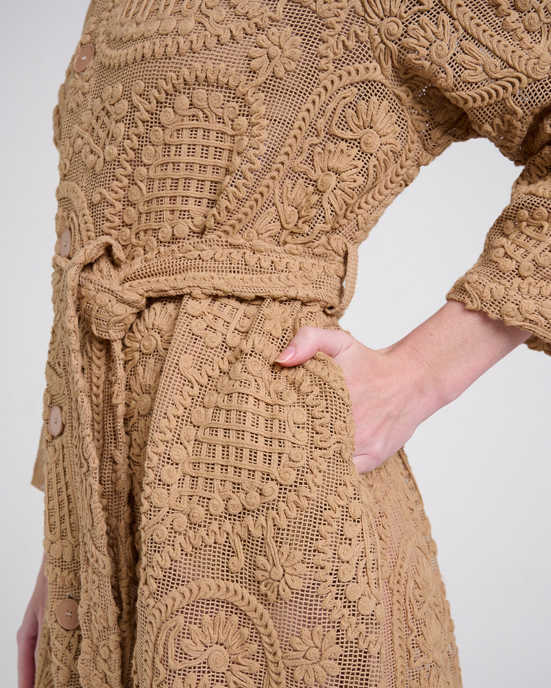 Elegant Baroque Lace Coat with Waist Belt in Khaki