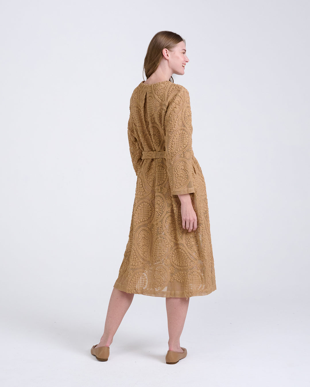 Elegant Baroque Lace Coat with Waist Belt in Khaki