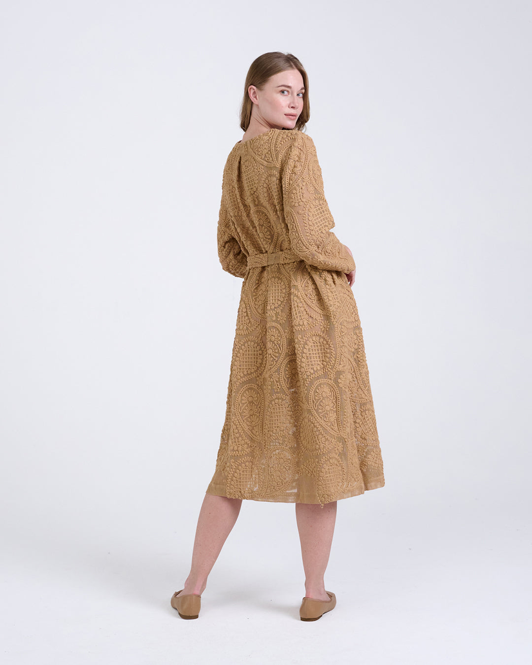 Elegant Baroque Lace Coat with Waist Belt in Khaki