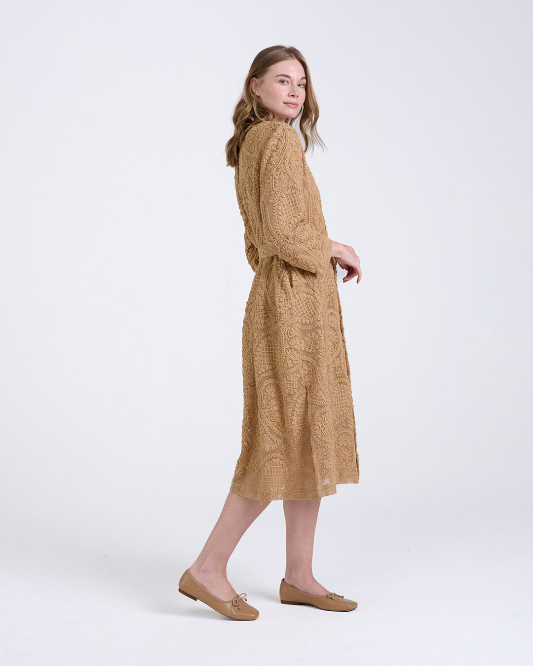 Elegant Baroque Lace Coat with Waist Belt in Khaki