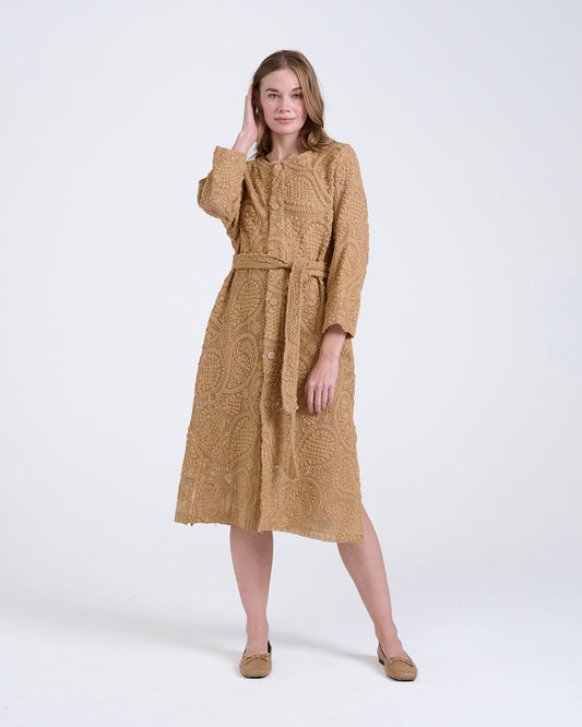 Elegant Baroque Lace Coat with Waist Belt in Khaki