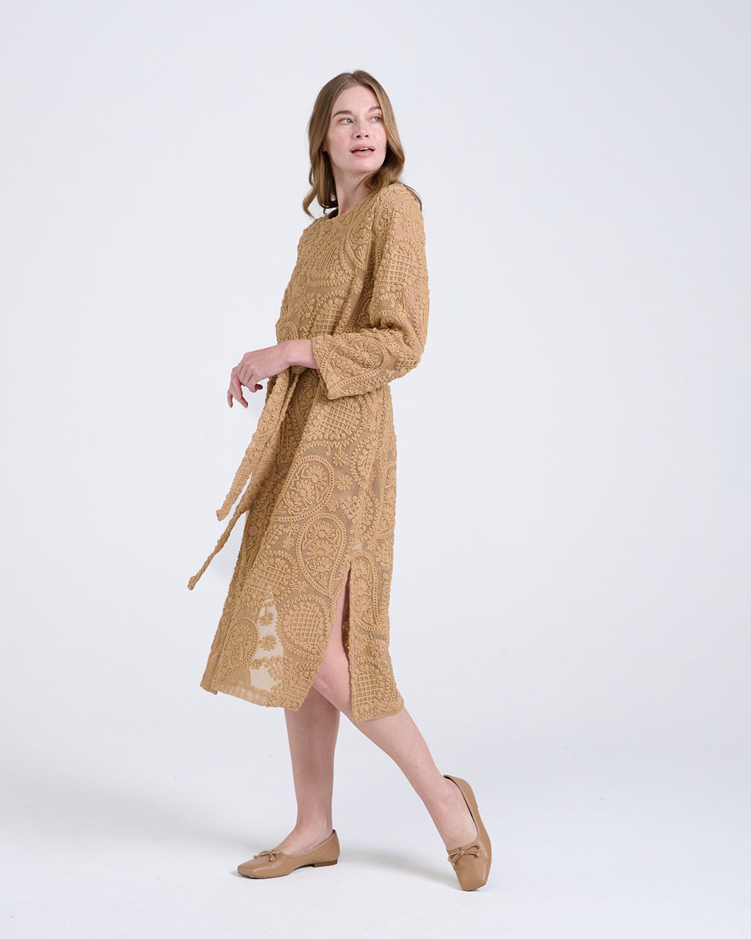 Elegant Baroque Lace Coat with Waist Belt in Khaki