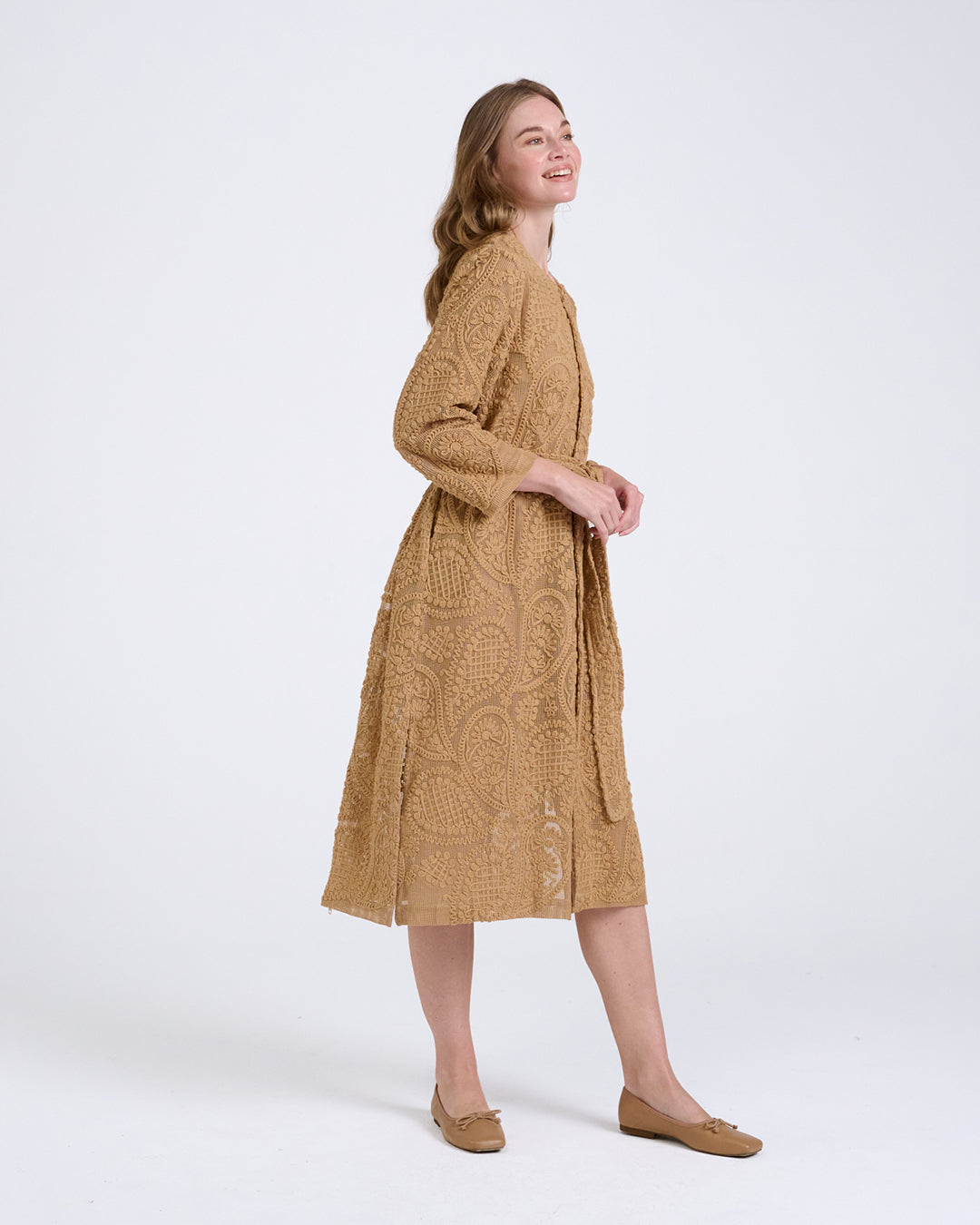 Elegant Baroque Lace Coat with Waist Belt in Khaki