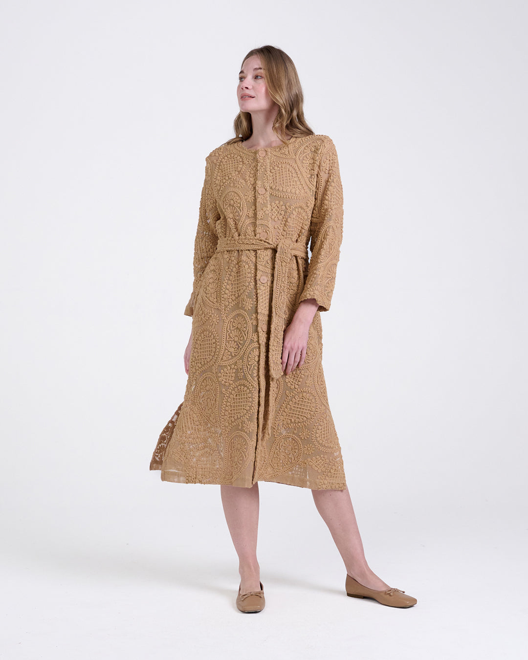 Elegant Baroque Lace Coat with Waist Belt in Khaki