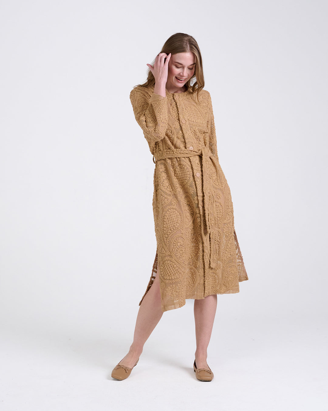 Elegant Baroque Lace Coat with Waist Belt in Khaki