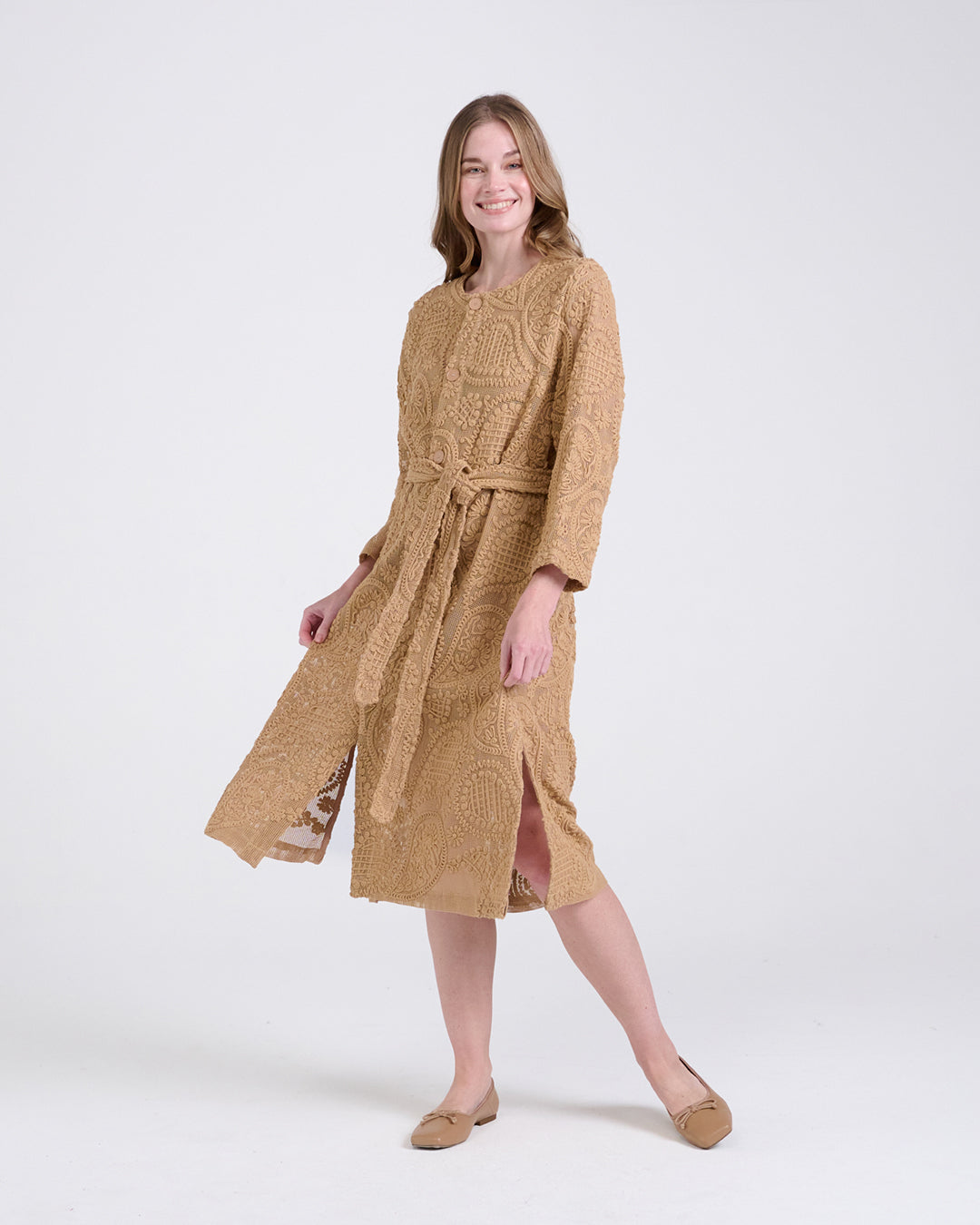 Elegant Baroque Lace Coat with Waist Belt in Khaki