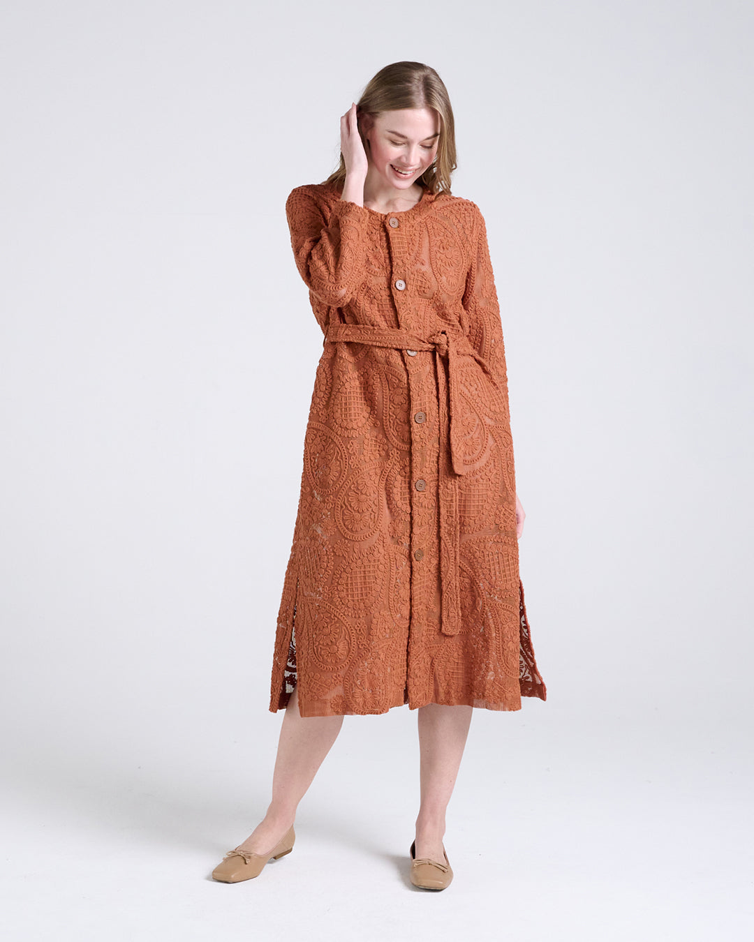 Elegant Baroque Lace Coat with Waist Belt