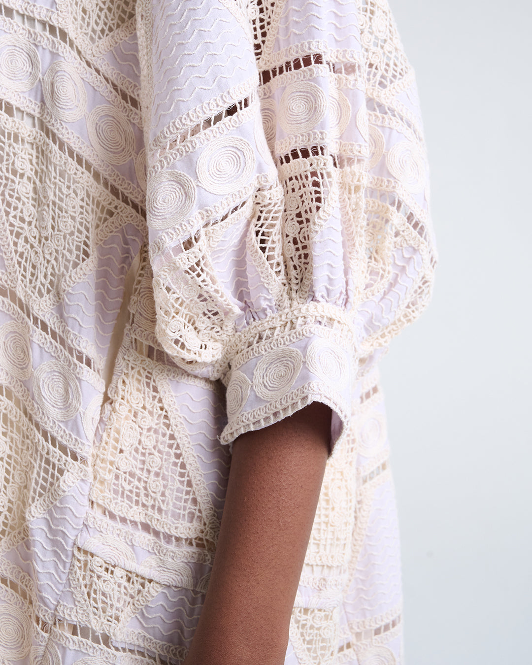 Heavy Lace Cotton Dress in Blush Purple with Puff Elbow Sleeves