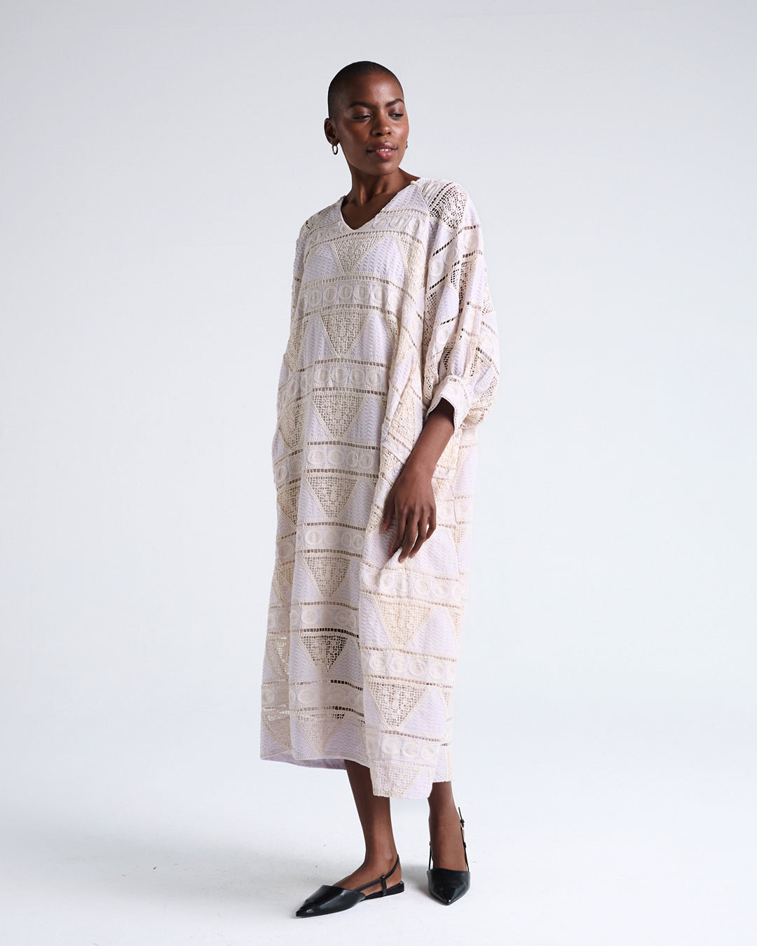 Heavy Lace Cotton Dress in Blush Purple with Puff Elbow Sleeves
