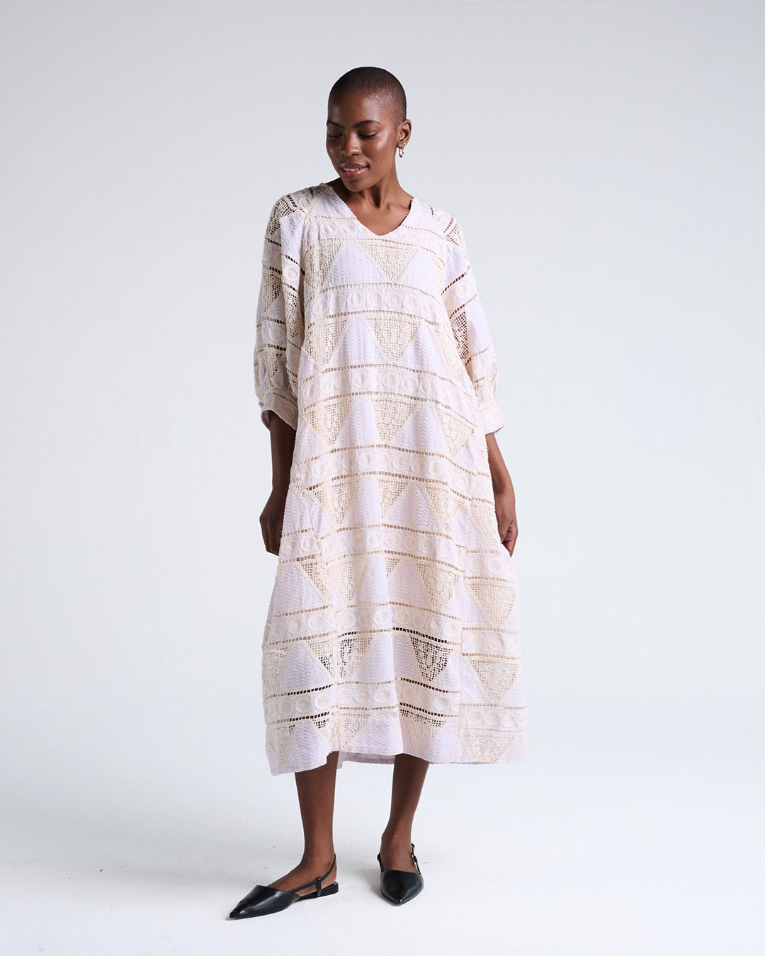 Heavy Lace Cotton Dress in Blush Purple with Puff Elbow Sleeves