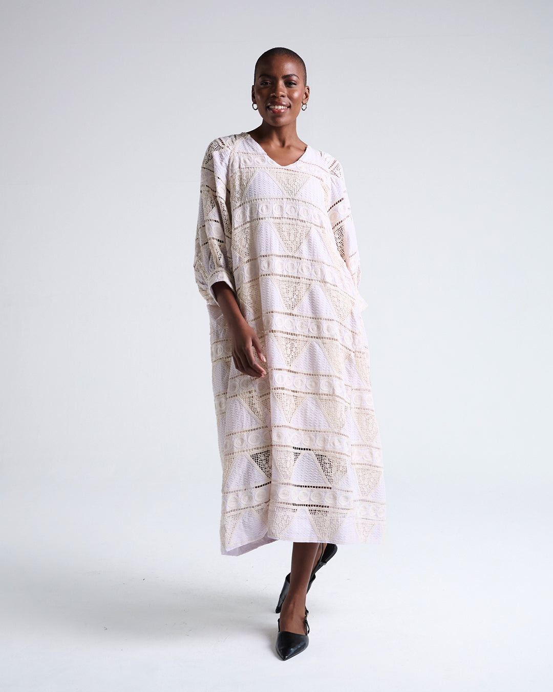 Heavy Lace Cotton Dress in Blush Purple with Puff Elbow Sleeves